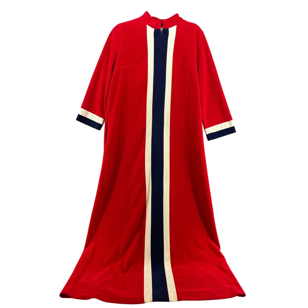 Vintage Vanity Fair Red Velour Robe Cottagecore Zip Front Housecoat 14